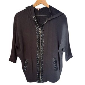 Juicy Couture Black Sequined Dolman Sleeve Oversized Long Zip Up Hoodie Sz XS